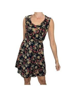 80s style Cokluch Montreal black floral gauzy cotton mini summer dress M